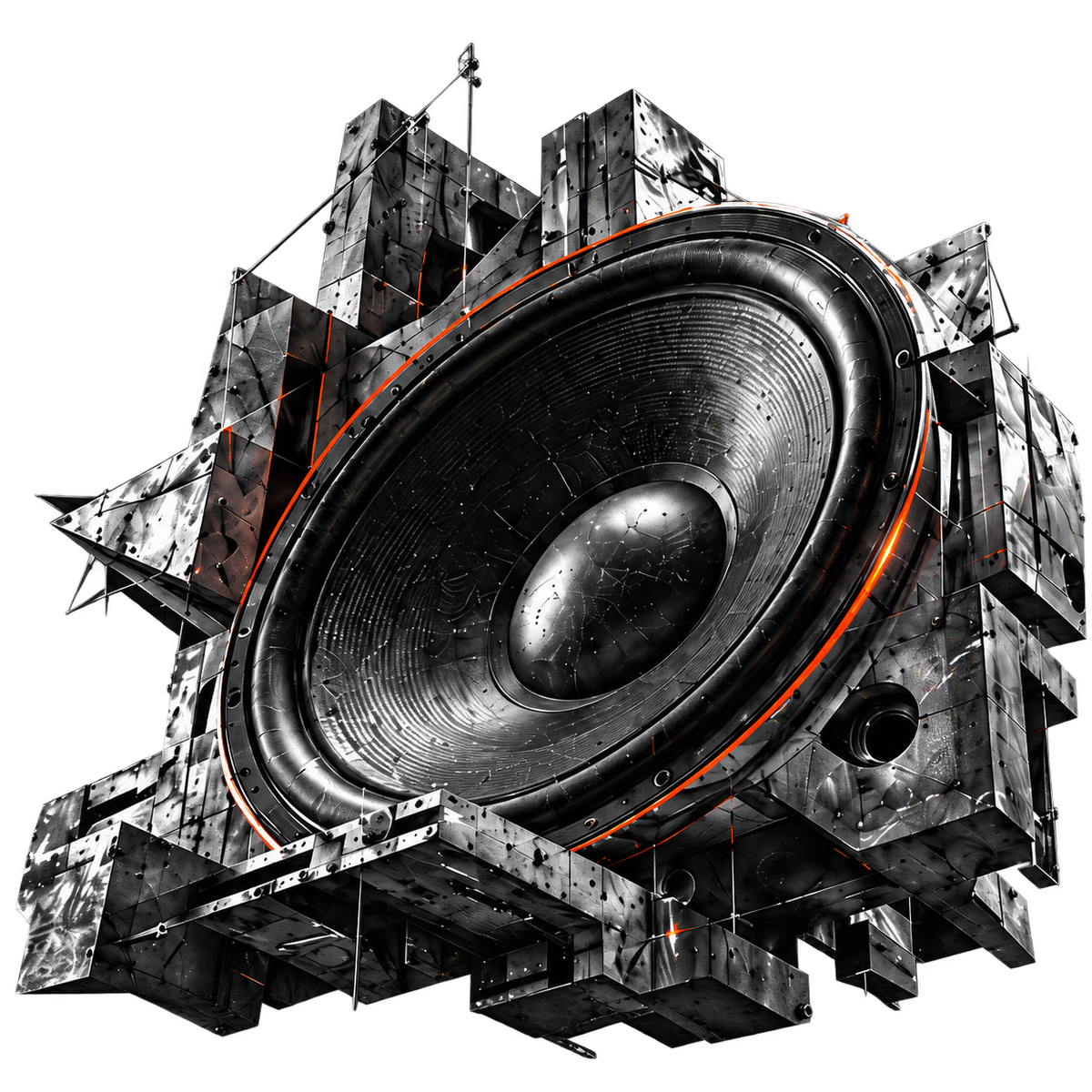 Sculptural metallic subwoofer with a fine orange rim